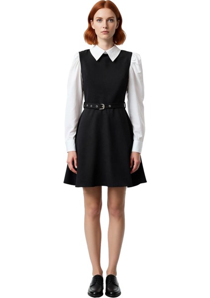 Kadın Belden Açılan Skater Kesim Mini Elbise Gömlek Yaka ve Balon Kol Detaylı Kışlık Konfor Sunar fiyatları