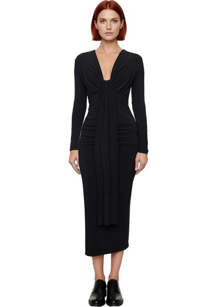 Kadın Fashion Forward Bodycon Maxi Elbise Düz V Yaka Uzun Kollu Büzgü Detaylı Kışlık Şıklık fiyatları