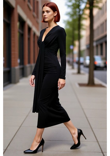 Kadın Fashion Forward Bodycon Maxi Elbise Düz V Yaka Uzun Kollu Büzgü Detaylı Kışlık Şıklık fırsatları