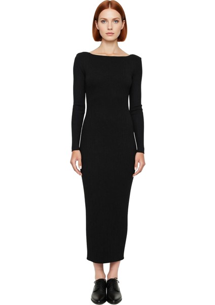 Kadın Uzun Kollu Maxi Triko Elbise Düz Kayık Yaka Zarif Kesim Konforlu Şık Görünüm Ilkbahar fiyatları