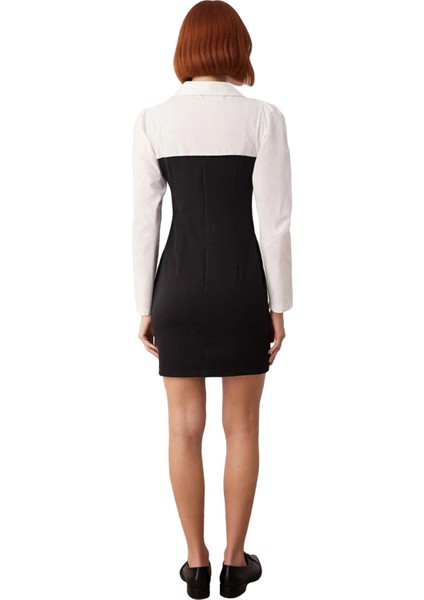 Kadın Vücudu Saran Gömlek Yaka Renk Bloklu Mini Dokuma Elbise Uzun Balon Kollu Şık Tasarım fırsatları