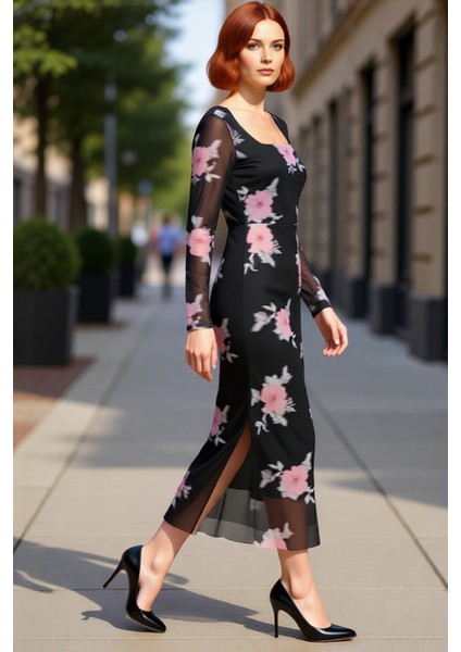 Kadınlar Için Çiçekli Tül Bodycon Maxi Elbise Kare Yaka Uzun Standart Kollu Şık Tasarım Kaliteli