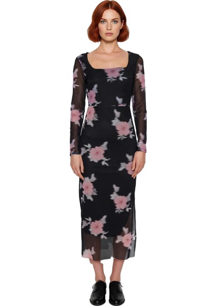 Kadınlar Için Çiçekli Tül Bodycon Maxi Elbise Kare Yaka Uzun Standart Kollu Şık Tasarım Kaliteli modelleri