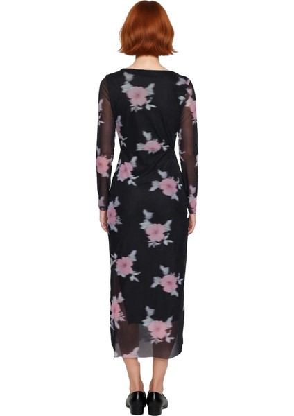 Kadınlar Için Çiçekli Tül Bodycon Maxi Elbise Kare Yaka Uzun Standart Kollu Şık Tasarım Kaliteli fırsatları