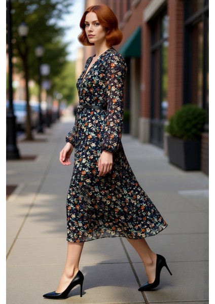 Kadın Kruvaze Yaka Şifon Midi Elbise Soyut Desenli Kemerli Uzun Balon Kol Skater Kalıp Modeli