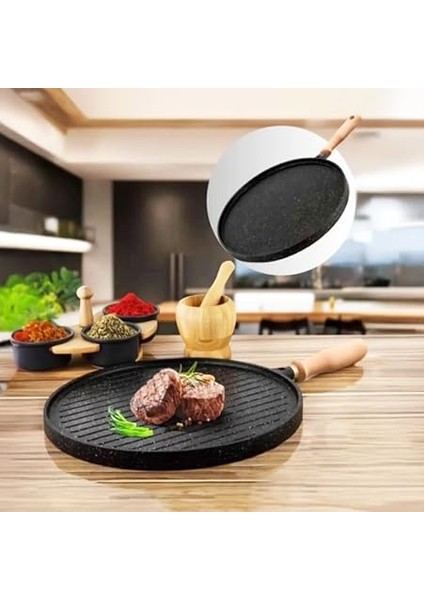 Yanmaz Yapışmaz Granit Kaplama Döküm Çift Taraflı Izgara ve Gözleme Tavası, Çift Taraflı Bazlama ve Et Tavası, Çıkarılabilir Saplı Granit Kaplama Döküm Tava 34CM indirimleri