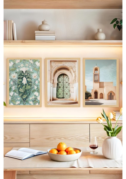 🎨 Doğu Esintili Mimari & Çiçek Desenli 3'lü Tablo Seti 🏛️🌿🌸 (Çerçeve Efektli)🌟 CRVS1217 13 x 17