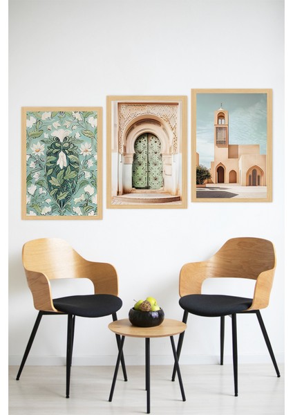🎨 Doğu Esintili Mimari & Çiçek Desenli 3'lü Tablo Seti 🏛️🌿🌸 (Çerçeve Efektli)🌟 CRVS1217 13 x 17 modelleri