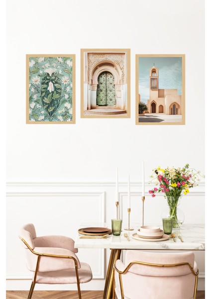 🎨 Doğu Esintili Mimari & Çiçek Desenli 3'lü Tablo Seti 🏛️🌿🌸 (Çerçeve Efektli)🌟 CRVS1217 13 x 17 fırsatları