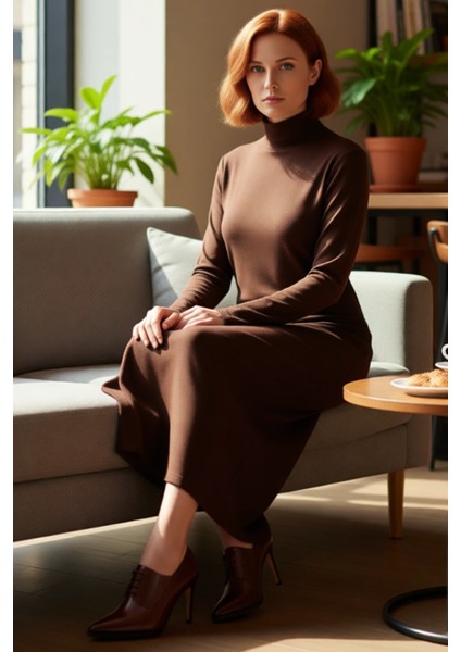 Kadın Dik Yaka A Kesim Triko Maxi Elbise Uzun Standart Kollu Akrilik Düz Desen Kışlık Günlük Şık fiyatları