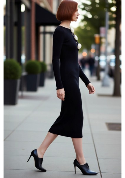 Kadın Modern Siyah Ince Triko Bodycon Maxi Elbise Benzersiz Gül Detayları ile Günlük Şıklık fırsatları