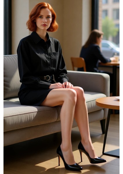 Kadın Düz Desen Polyester Karışımlı Siyah Mini Gömlek Elbise Yarasa Kol Kemerli Kış Şıklığı