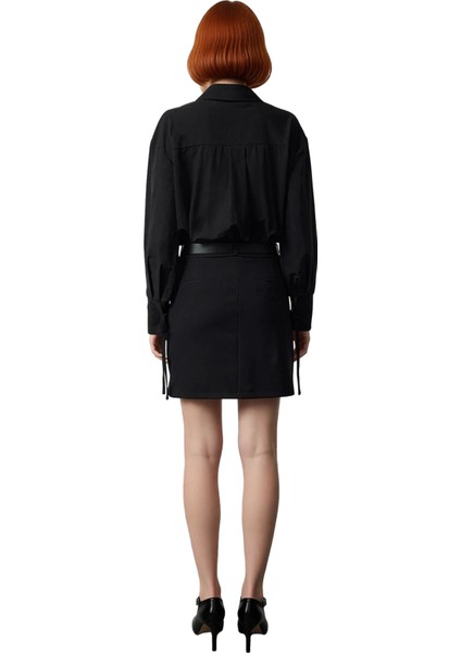 Kadın Düz Desen Polyester Karışımlı Siyah Mini Gömlek Elbise Yarasa Kol Kemerli Kış Şıklığı modelleri