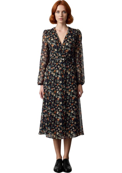 Kadın Kruvaze Yaka Şifon Midi Elbise Soyut Desenli Kemerli Uzun Balon Kol Skater Kalıp Modeli modelleri