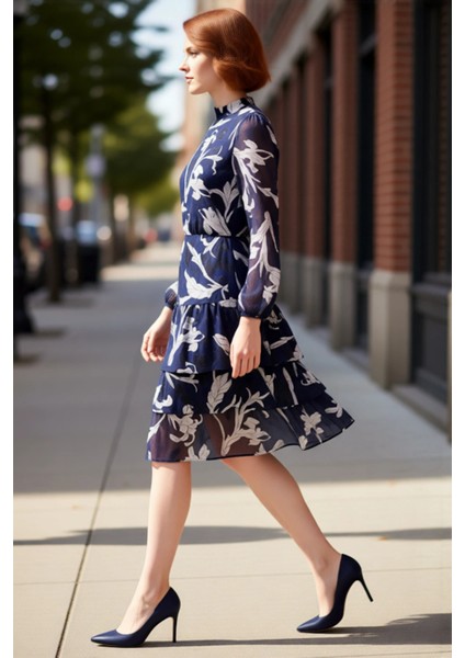 Kadın Skater Kalıp Çiçekli Dik Yaka Balon Kol Fırfırlı Midi Şifon Astarlı Şık Günlük Elbise