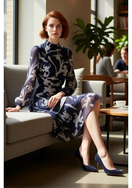 Kadın Skater Kalıp Çiçekli Dik Yaka Balon Kol Fırfırlı Midi Şifon Astarlı Şık Günlük Elbise fiyatları