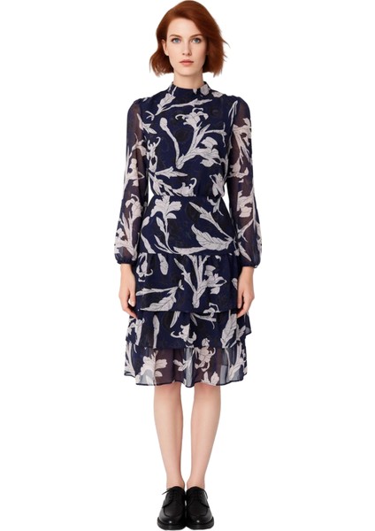 Kadın Skater Kalıp Çiçekli Dik Yaka Balon Kol Fırfırlı Midi Şifon Astarlı Şık Günlük Elbise modelleri