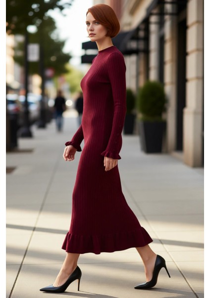 Kadın Bej Ribana Triko Maxi Elbise Eteği Fırfırlı Incili Düşük Kol Bisiklet Yaka Tasarımı Kaliteli