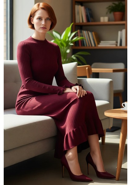 Kadın Bej Ribana Triko Maxi Elbise Eteği Fırfırlı Incili Düşük Kol Bisiklet Yaka Tasarımı Kaliteli fiyatları