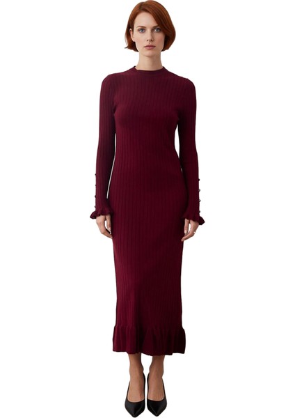 Kadın Bej Ribana Triko Maxi Elbise Eteği Fırfırlı Incili Düşük Kol Bisiklet Yaka Tasarımı Kaliteli modelleri