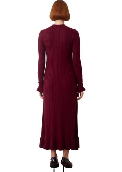 Kadın Bej Ribana Triko Maxi Elbise Eteği Fırfırlı Incili Düşük Kol Bisiklet Yaka Tasarımı Kaliteli fırsatları