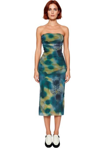 Kadın Bodycon Straplez Kolsuz Midi Elbise Soyut Desen Tül Kumaş Abiye Şık Gece Davetleri Kaliteli modelleri