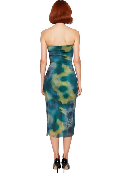 Kadın Bodycon Straplez Kolsuz Midi Elbise Soyut Desen Tül Kumaş Abiye Şık Gece Davetleri Kaliteli fırsatları