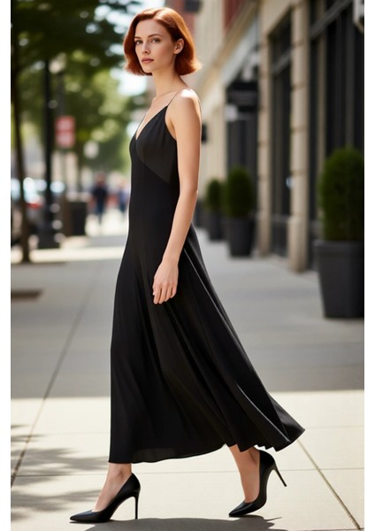 Kadın A Line Maxi Ince Askılı V Yaka Şık Gece Elbisesi Zarif Örme Astarsız Düz Tasarım Kaliteli
