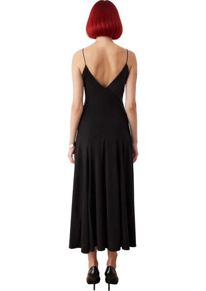 Kadın A Line Maxi Ince Askılı V Yaka Şık Gece Elbisesi Zarif Örme Astarsız Düz Tasarım Kaliteli fırsatları