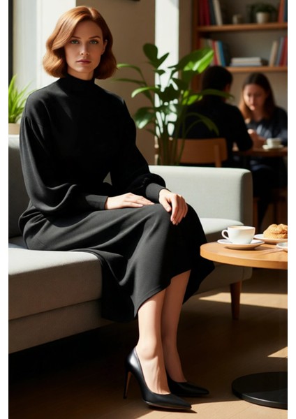 Kadın Maxi Boy Kuşaklı Düz Desen Dik Yaka Balon Kol Triko Elbise Kış Sezonu Için Şık ve Rahat fiyatları