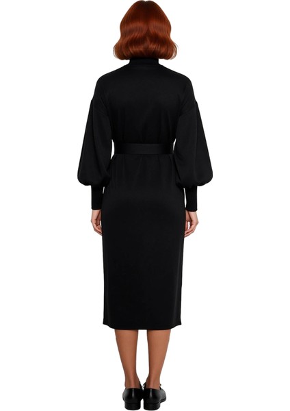 Kadın Maxi Boy Kuşaklı Düz Desen Dik Yaka Balon Kol Triko Elbise Kış Sezonu Için Şık ve Rahat fırsatları