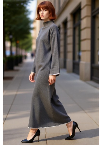 Kadın Düz Desen Dik Yaka Uzun Düşük Kol Maxi Boy Shift Kalıp Akrilik Triko Elbise Günlük Şıklık