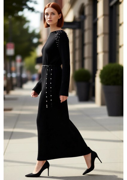 Kadınlara Özel Şık Inci Detaylı Kuşaklı Maxi Boy Triko Elbise Kışlık Ribana Dokulu Akrilik