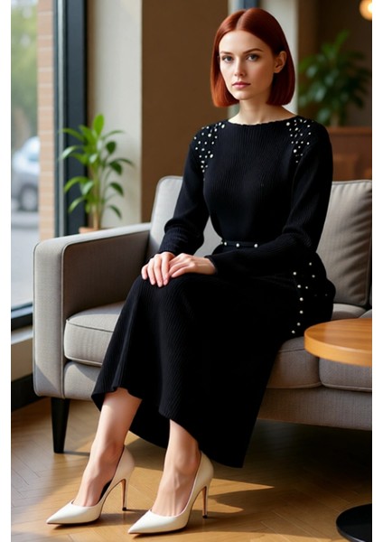 Kadınlara Özel Şık Inci Detaylı Kuşaklı Maxi Boy Triko Elbise Kışlık Ribana Dokulu Akrilik fiyatları