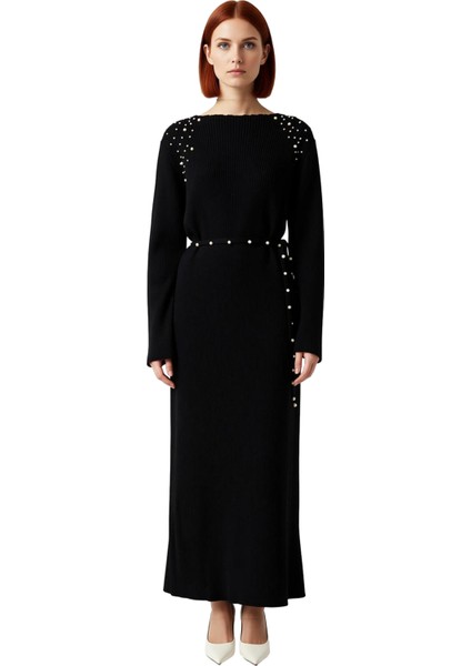 Kadınlara Özel Şık Inci Detaylı Kuşaklı Maxi Boy Triko Elbise Kışlık Ribana Dokulu Akrilik modelleri