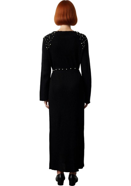 Kadınlara Özel Şık Inci Detaylı Kuşaklı Maxi Boy Triko Elbise Kışlık Ribana Dokulu Akrilik fırsatları