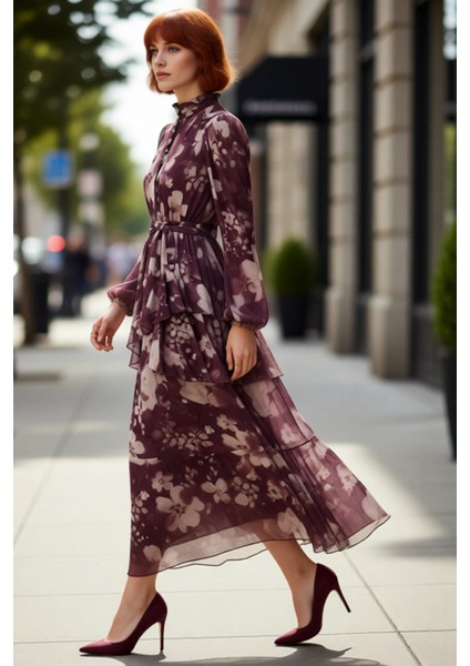 Kadın Tesettür Şifon Dokuma Çiçek Desenli Dik Yaka Astarlı Balon Kol Maxi Elbise Tüm Sezonlar Için