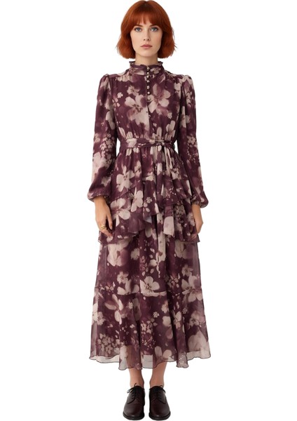 Kadın Tesettür Şifon Dokuma Çiçek Desenli Dik Yaka Astarlı Balon Kol Maxi Elbise Tüm Sezonlar Için modelleri