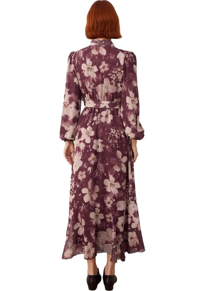 Kadın Tesettür Şifon Dokuma Çiçek Desenli Dik Yaka Astarlı Balon Kol Maxi Elbise Tüm Sezonlar Için fırsatları