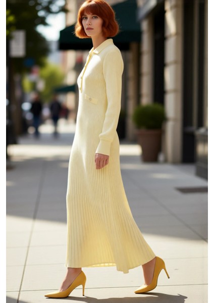 Kadın A Line %100 Akrilik Ribana Triko Maxi Elbise Polo Yaka ve Metal Düğmeli Tesettür Kışlık Giyim