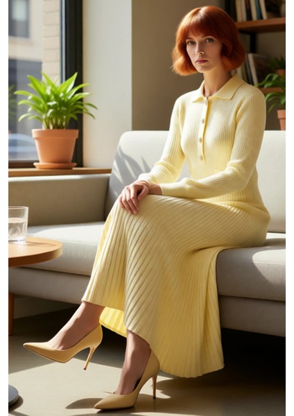 Kadın A Line %100 Akrilik Ribana Triko Maxi Elbise Polo Yaka ve Metal Düğmeli Tesettür Kışlık Giyim fiyatları