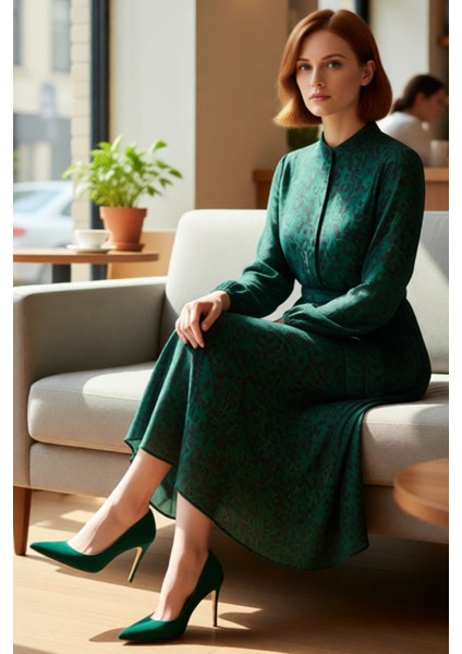 Kadın Puantiye Desenli Kuşaklı A Line Şifon Maxi Elbise Dik Yaka Uzun Kollu Rahat Günlük Stil fiyatları