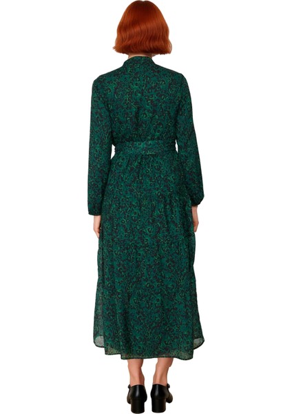 Kadın Puantiye Desenli Kuşaklı A Line Şifon Maxi Elbise Dik Yaka Uzun Kollu Rahat Günlük Stil fırsatları