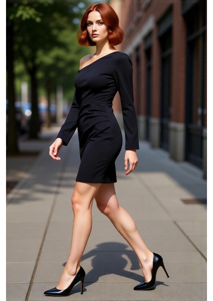 Kadınlar Için Bodycon Asimetrik Yaka Drape Detaylı Uzun Kollu Kısa Şık Kokteyl Elbisesi Kaliteli