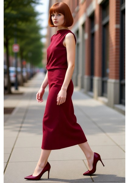 Kadın Shift Kalıp Aksesuar Detaylı Aerobin Dokuma Midi Elbise Şık ve Konforlu Günlük Kullanım Için