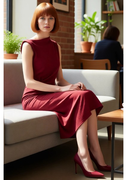 Kadın Shift Kalıp Aksesuar Detaylı Aerobin Dokuma Midi Elbise Şık ve Konforlu Günlük Kullanım Için fiyatları