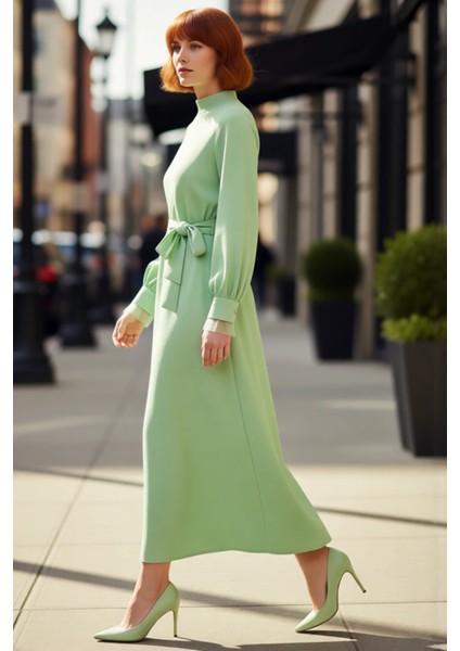 Kadın A Kesim Dik Yaka Balon Kol Kuşak Detaylı Dokuma Maxi Elbise Modern Şık Günlük Stile Uygun