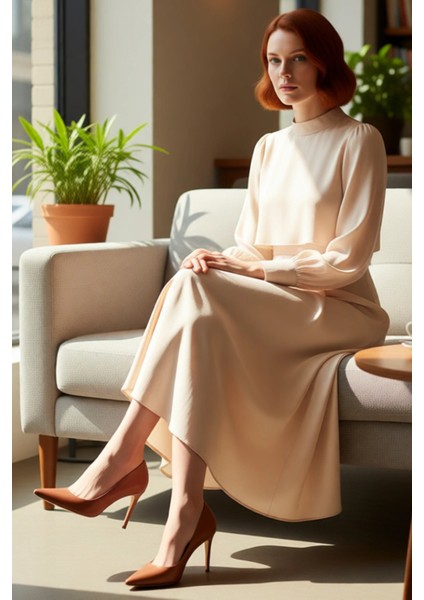 Kadın Düz Desen A Line Maxi Dokuma Elbise Dik Yaka Uzun Kollu Ilkbahar Sonbahar Zarafeti Sunar fiyatları