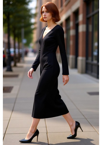 Kadın Siyah Maxi Kruvaze Yaka Ince Triko Elbise Günlük Kullanım Için Shift Kalıp Standart Kol