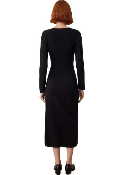 Kadın Siyah Maxi Kruvaze Yaka Ince Triko Elbise Günlük Kullanım Için Shift Kalıp Standart Kol fırsatları